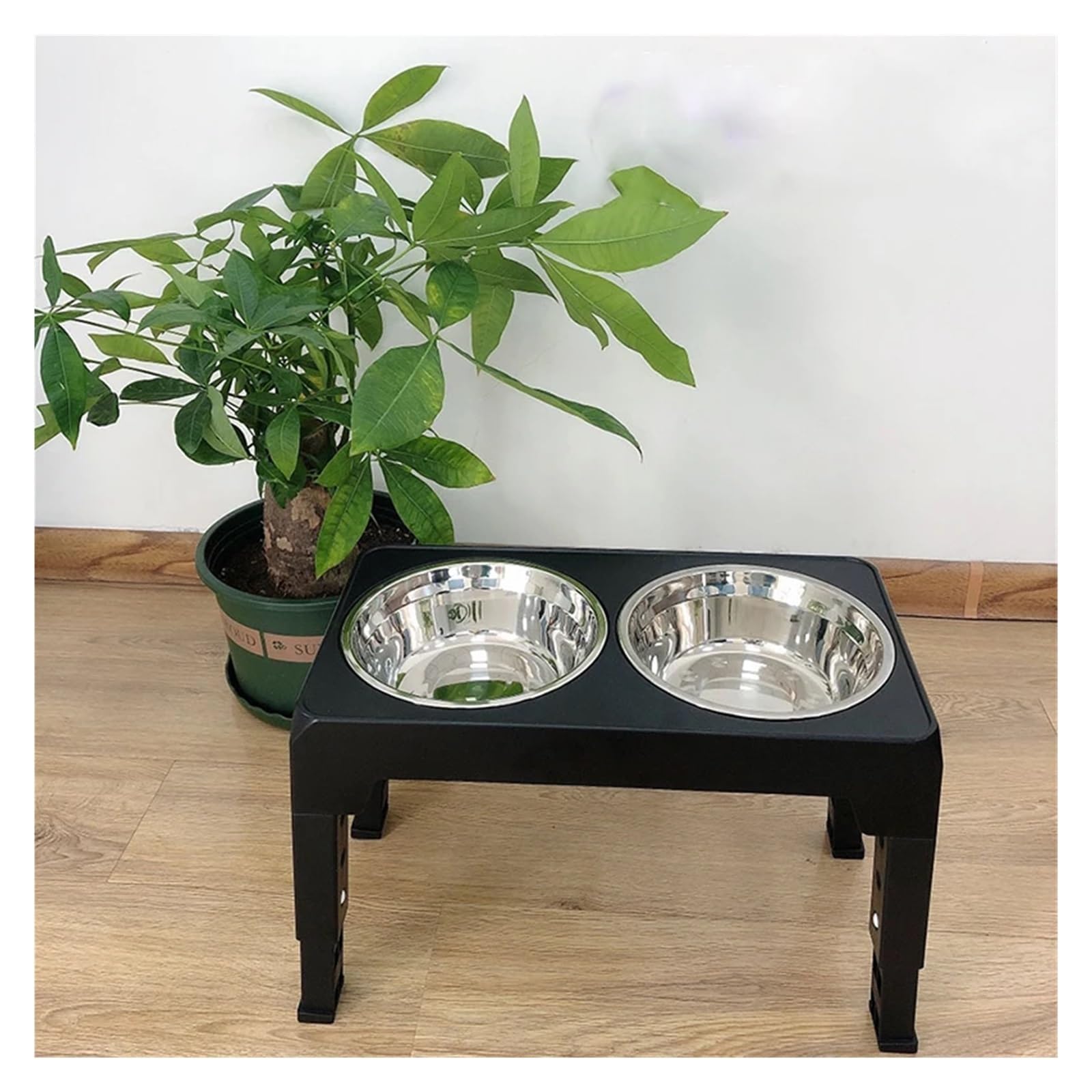 Genérico Comederos elevados for Perros con Soporte Ajustable y Doble Bebedero de Acero Inoxidable for pequeños, medianos Grandes(Black)