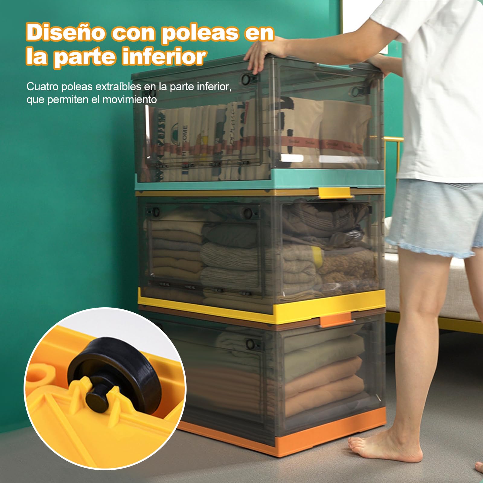 Ergocar Caja de Almacenamiento de Plástico Plegable, Transparente Cajas de Almacenamiento con Tapas, Cajas de Almacenamiento Apilables con Ruedas, para Dormitorios, Salas de Estar, Coche