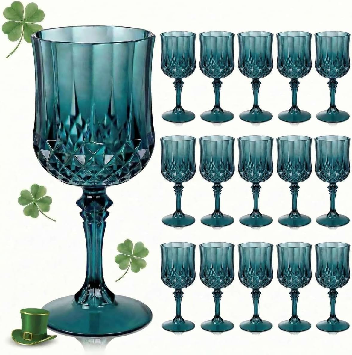 Ciaell 24PCS Green Plastic Wine Glasses - 7 Oz Plastic Goblets for Party - Green Vintage Drinking Glasses - Disposable Water Goblets Set for Wedding, Bar, Wine, Beer, Juice, Cocktail,St. Patrick's Day