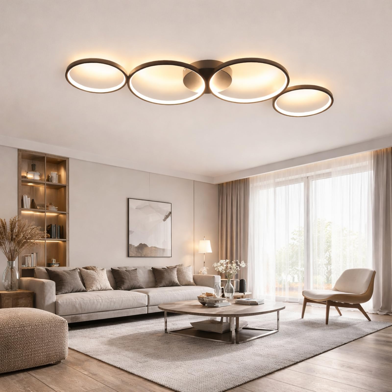 GBLY Lampa sufitowa LED nowoczesna 4 płomienie w optyce pierścieniowej | 3000k biała ciepła lampa sufitowa okrągła 37W wewnętrzna czarna lampa do salonu wykonana - salon przedpokój biuro gabinet