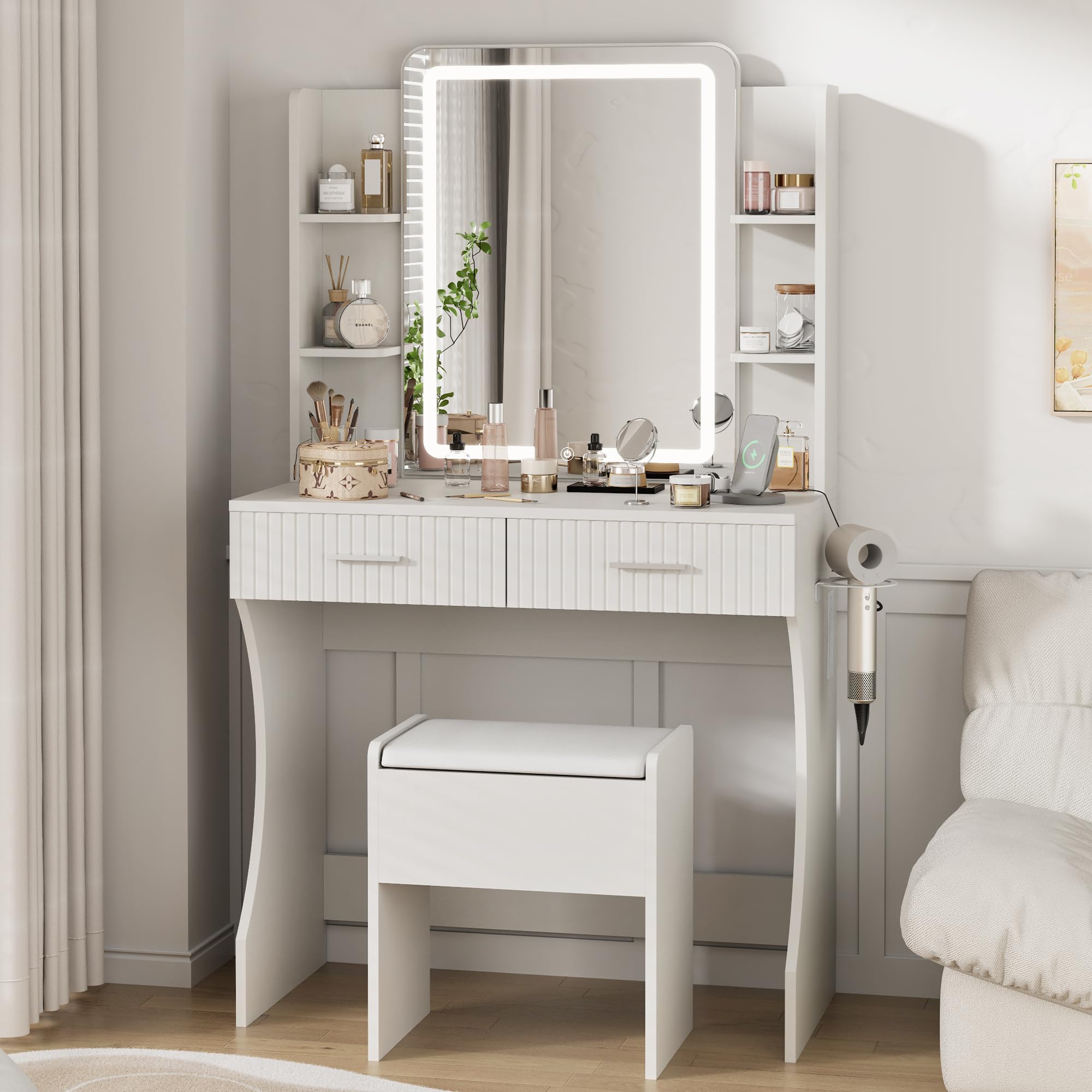 Otterease Vanity Desk with LED Lighted Mirror, Makeup Vanity with 3 Adjustable Lights, 2 Large Drawers and 4 Open Shelves, White Vanity with Storage