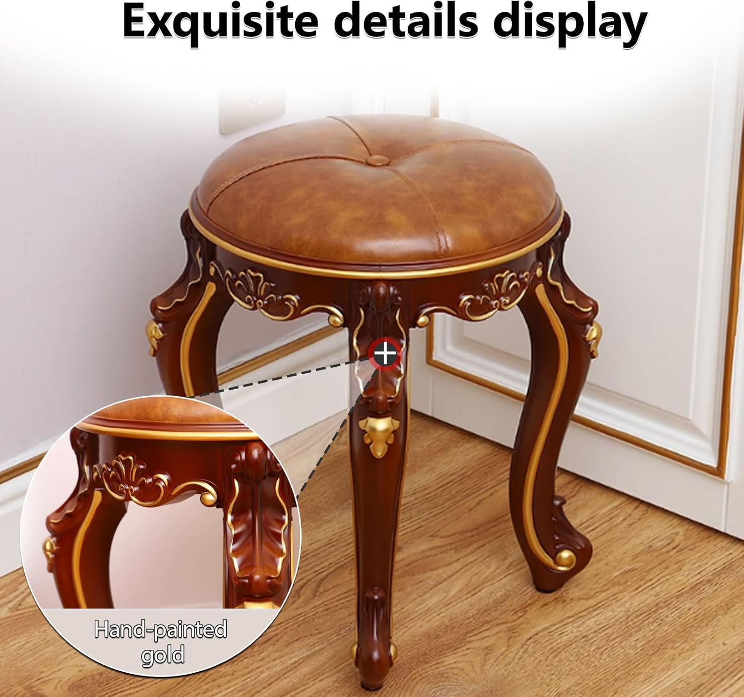 Upholstered Vanity Stool, Exquisite Carving Art Small Household Pouf Round Stool with Leather, European-Style Low Stools for Garden Restaurant Entryway Bedroom Closet