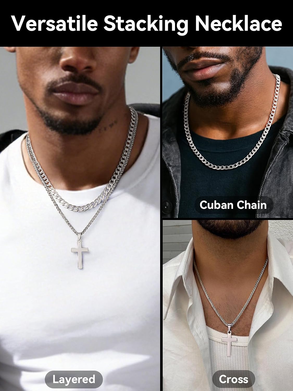 ChainsHouse Mens Cross Necklace Stainless Steel Layered Chain Cross Pendant image 5