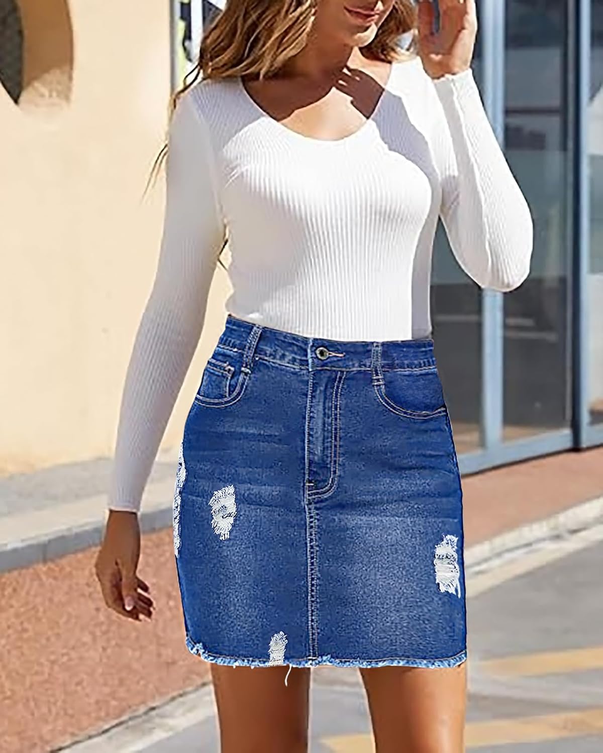 Necooer Womens Denim Skirt Mini Casual Distressed Short Skirt Washed Frayed Stretchy Pencil Jean Skirts with Pocket - Image 4