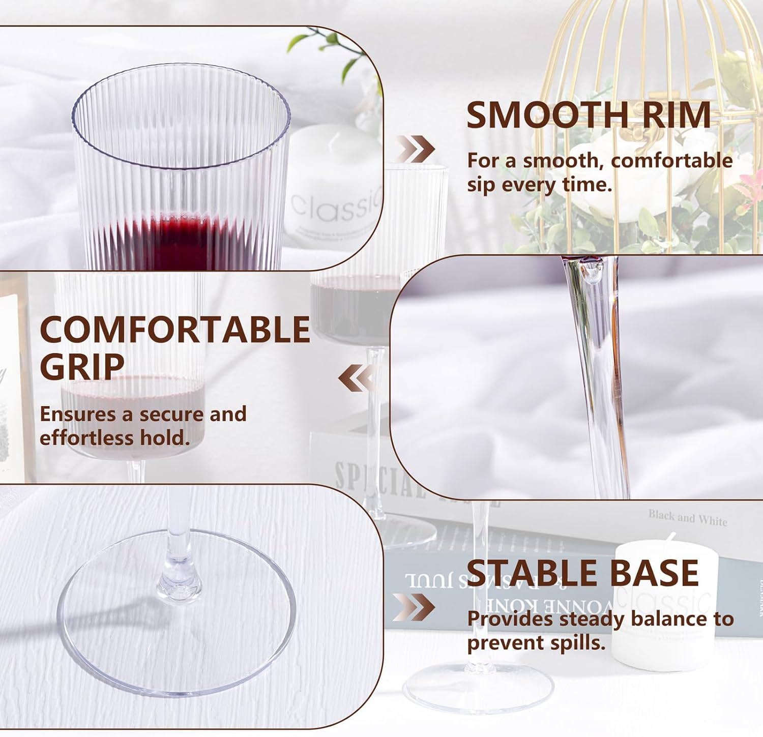 YOUBET 24 Pack Plastic Ribbed Wine Glasses - 10 OZ Clear Square Wine Glasses with Stem - Heavy Duty Vintage Disposable Champagne Cups for Wedding Parties - Image 3