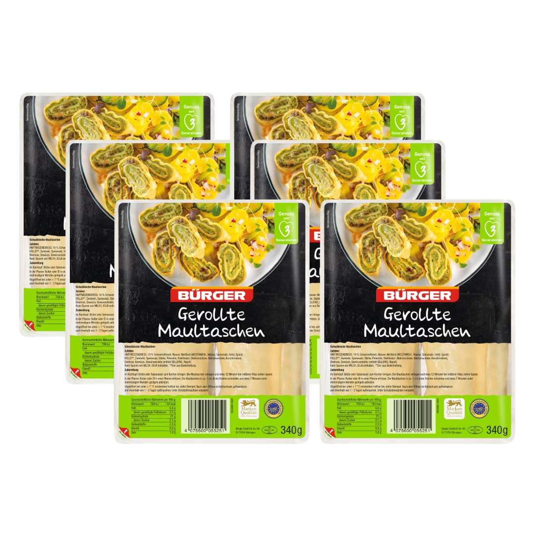 BÜRGER - Gerollte Maultaschen 6 x 340 g – Traditionell, herzhaft gefüllt, schwäbischer Genuss - vorgegart, gekühlt, ideal zum Kochen, Braten & Überbacken