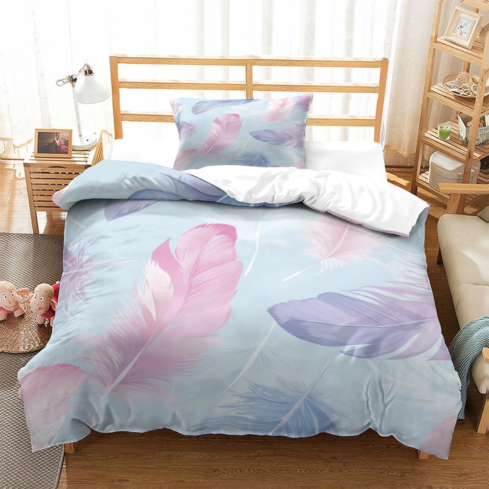 P1S9U7W5Y 3D Printed Pastel Feather Duvet Cover Set 3pcs Microfiber Soft Feather Bedding Set for All Ages Single（135x200cm）