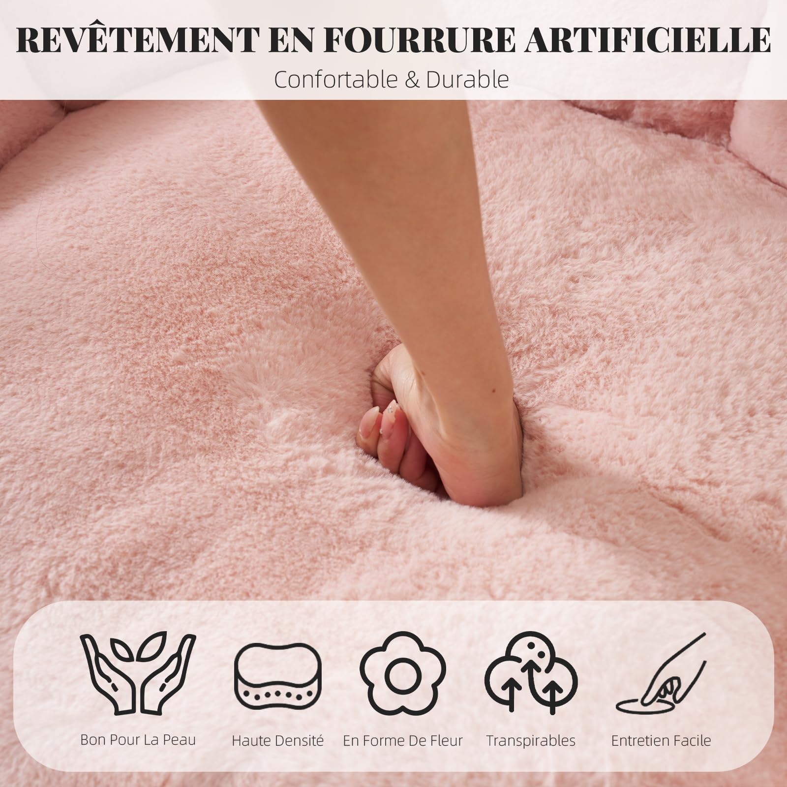 Pouf pour Adulte avec Rembourrage, Pouf en Forme de pétale, Grand Pouf en Fourrure synthétique, Fauteuil de Salon Confortable, Mousse Haute densité, Chambre à Coucher, Salon, Rose