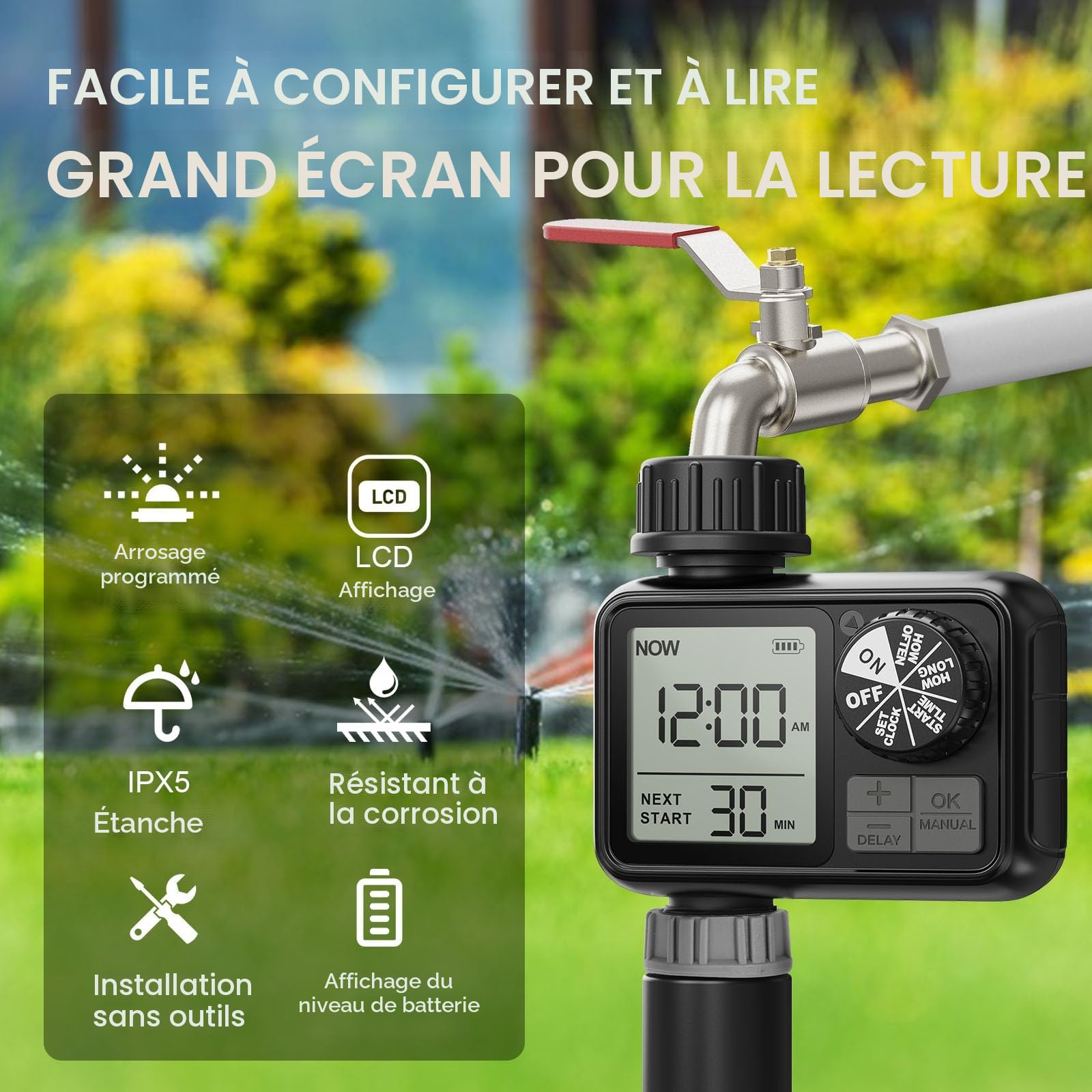 Ordinateur d'irrigation, minuteur d'arrosage avec Retard de Pluie/Mode Automatique et Manuel, IPX5 étanche/Grand écran LCD, minuterie d'eau pour Jardin, pelouse (1 Sorties)