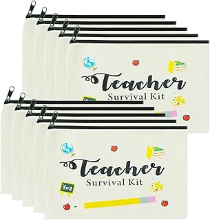 UgyDuky 10Pcs Canvas Multi Purpose Zipper Pouch Teacher Cosmetic Bags Teacher Survival Kit Makeup Bags Cotton Canvas Teacher Gift Bag Pencil Pouch Bag with Zipper Toiletry Bag for Teacher