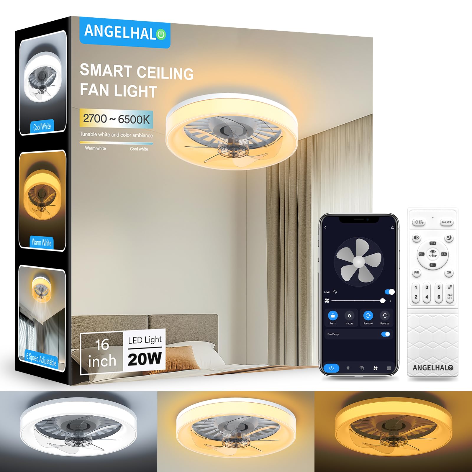 ANGELHALO 16" Smart Ceiling Fan with Light, Dimmable 2700K-6500K, Remote/App Control, Low Profile Flush Mount Fandelier with 6 Silent Speeds,