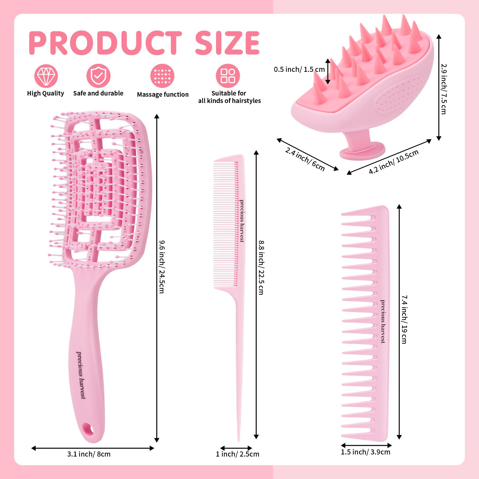 precious harvest Massage Shampoo Brush Cut-out Hair Combs Wide-toothed and Pointed-end Combs Macaroon Coloured Combs For All Hair Types (Light pink) - Image 2