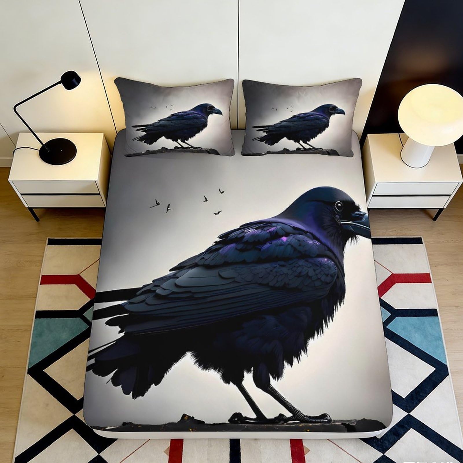 3D Printed Black Raven Fitted Sheet Microfiber Soft Breathable Gothic Bird Mattress Cover for Bedroom Dorm Decor 90x200x25cm