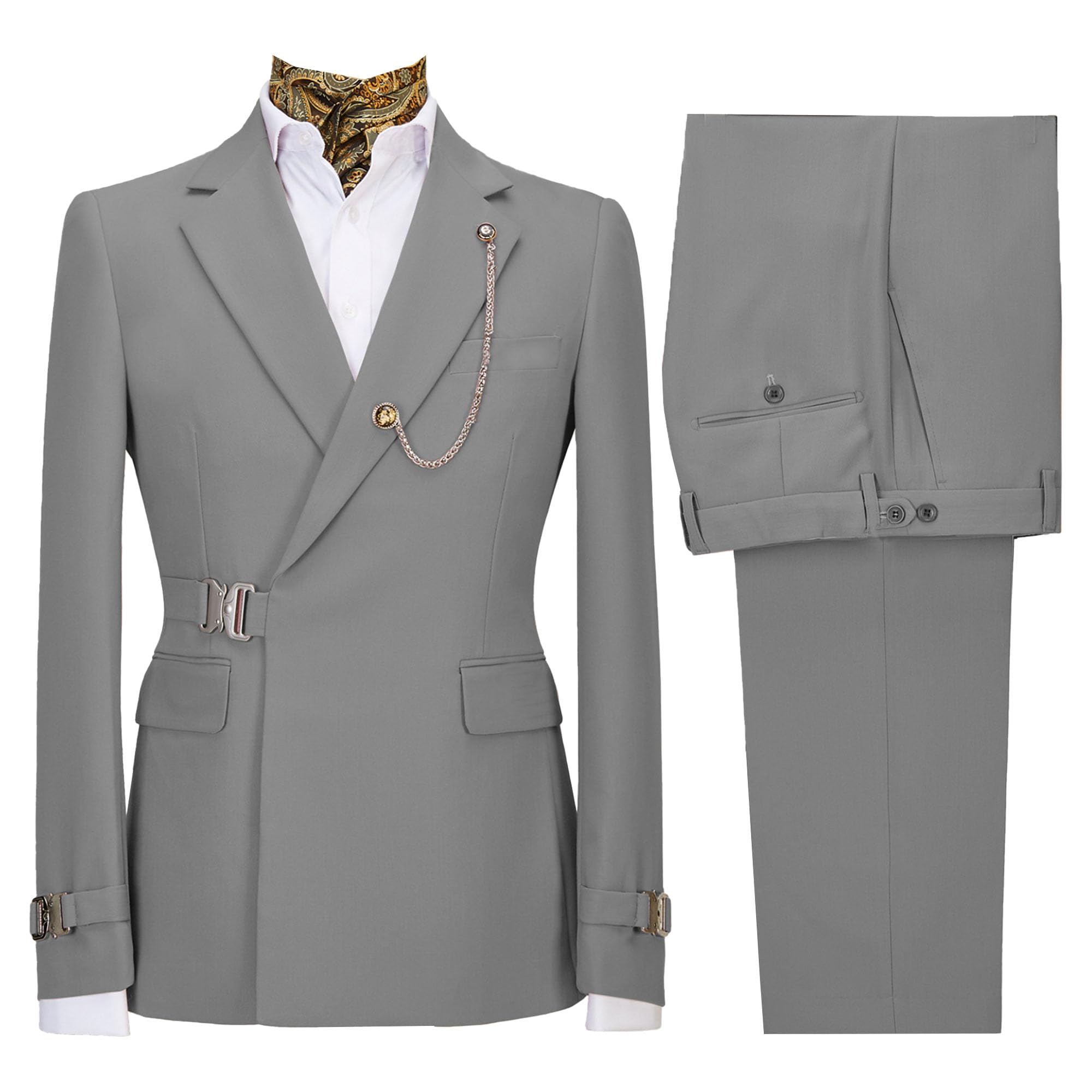 Men's 2 Piece Suit with Metal Clasp Slim Fit Suit Stylish Business Pants Casual Wedding Grooms Tuxedo Suit