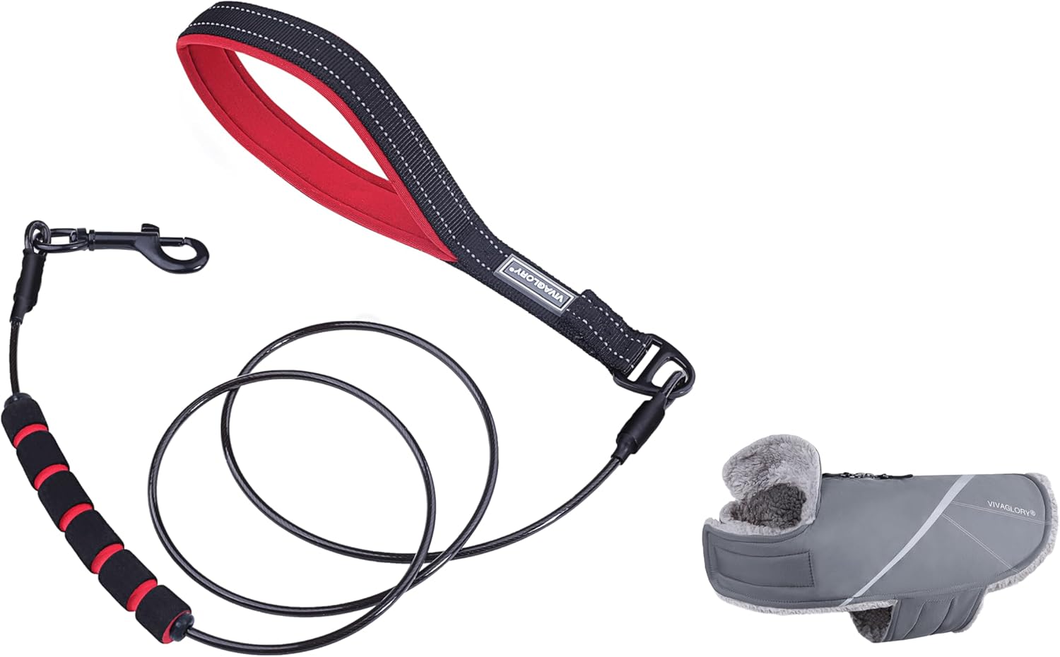 VIVAGLORY Chew Proof Dog Leash + Dog Coat, Running Waist Leash with Belt for Running Walking, Warm Fleece Lined Reflective