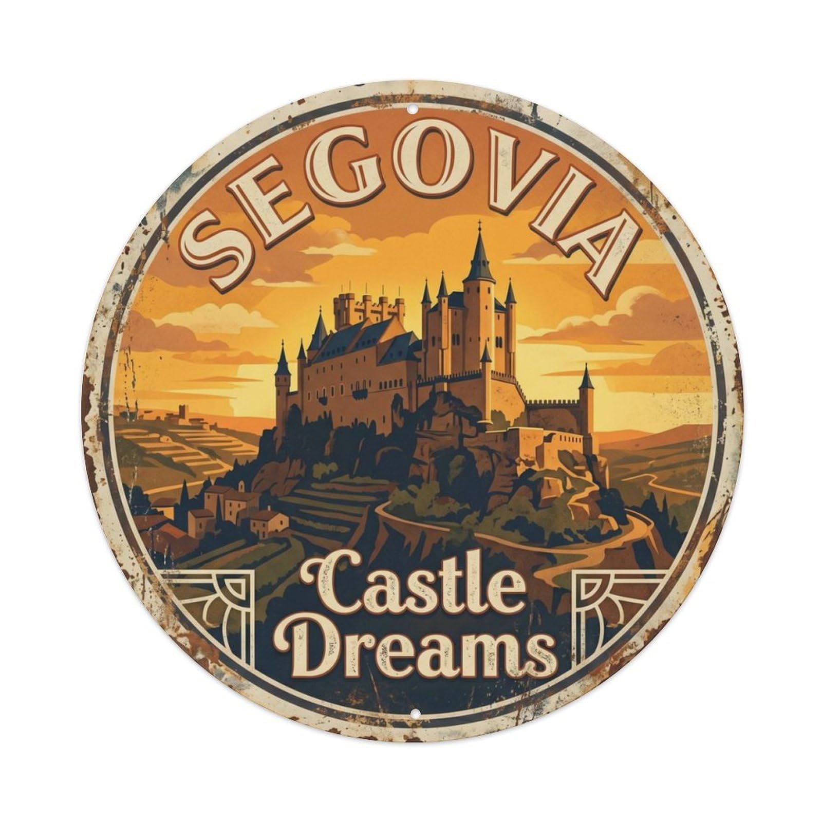 Vintage Travel Castle Spain Fortress Metal Tin Sign Plaque Wall Decor for Cafe, Club, Garden Round Metal Poster 8x8Inch