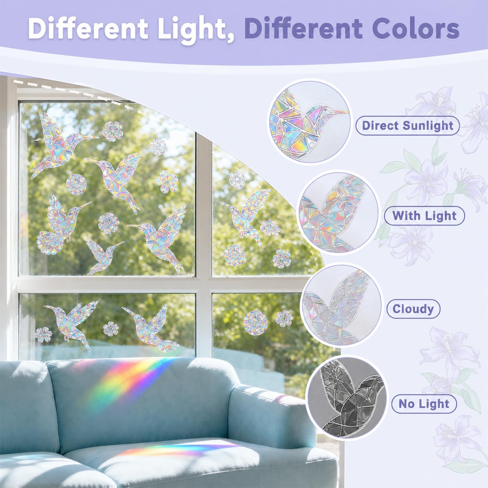 Simpeak Autocollants de Fenêtre Prisme, Attrape-Soleil Adhésifs Vitre, Stickers Muraux PVC Anti-Collision, Décorations Transparentes pour Salle à Manger Chambre, 2 Feuilles (Petit oiseau)