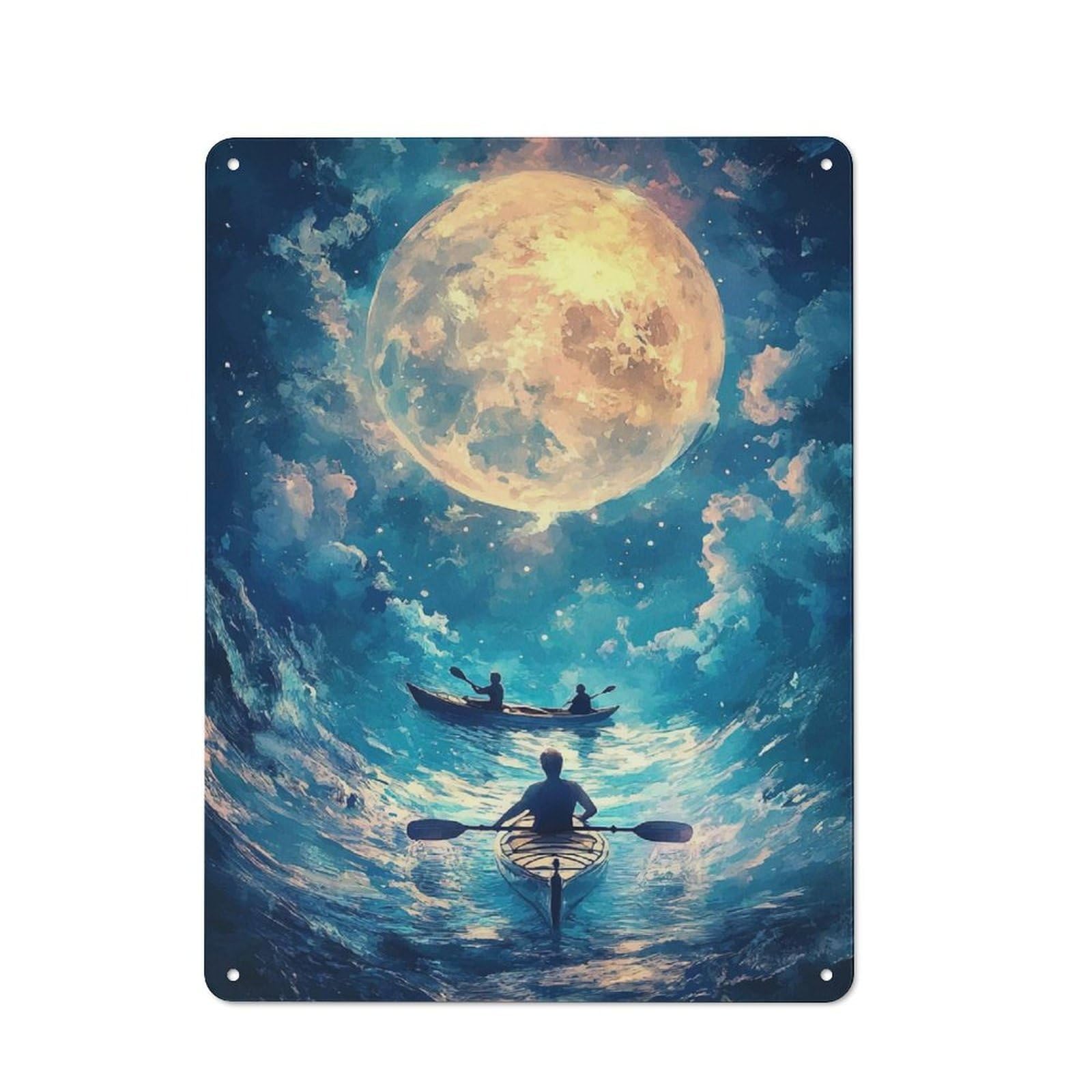 Junmoney Kayaking Under The Moon For Guest Room Or Hallway, Retro-Style Tin Sign 40X30cm, For Vintage Wall Decor Fans, For Themed Room Decoration
