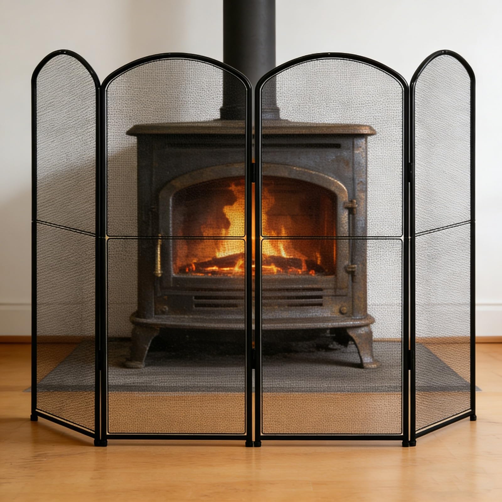 Pantalla de chimenea de 4 paneles de metal negro plegable