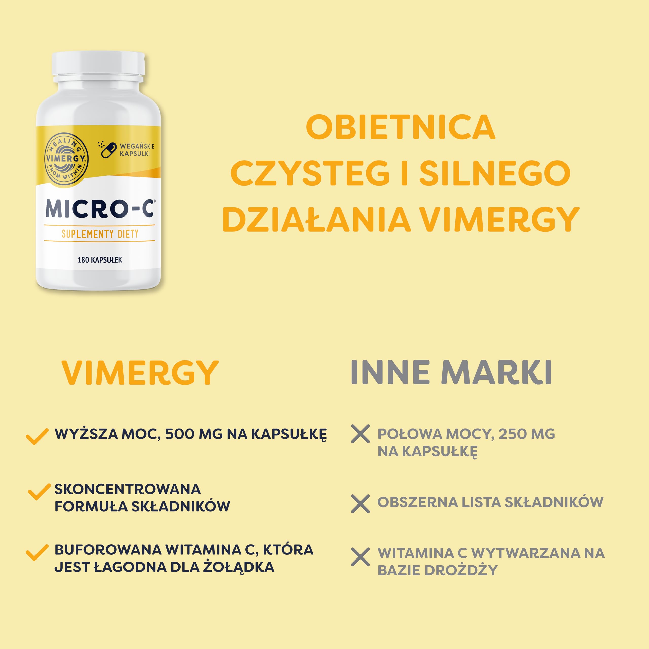 Vimergy Micro-C Witamina C Kapsułki – 180 Porcji – Witamina C 500 mg, Mniej Kwaśna Witamina C – Dzika Róża – Wspomaga Układ Odpornościowy i Mięśniowo-Szkieletowy – Bezglutenowa – Koszerna – Wegańska