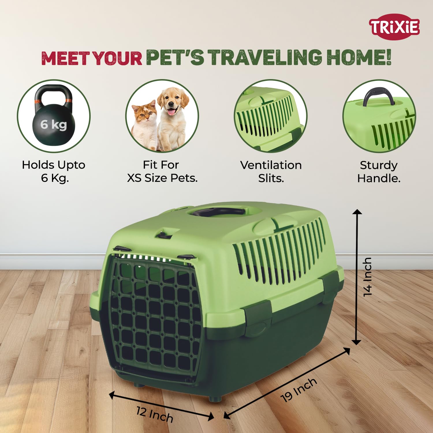 Trixie: - Capri 1 Pet Carrier | Made with Biodegradable Plastic, Perfect for Cats, Dogs, Rabbits and Other Small Animals | Can Hold Upto 6 Kg - 19 x 13 x 12 inch, Apple Green 1
