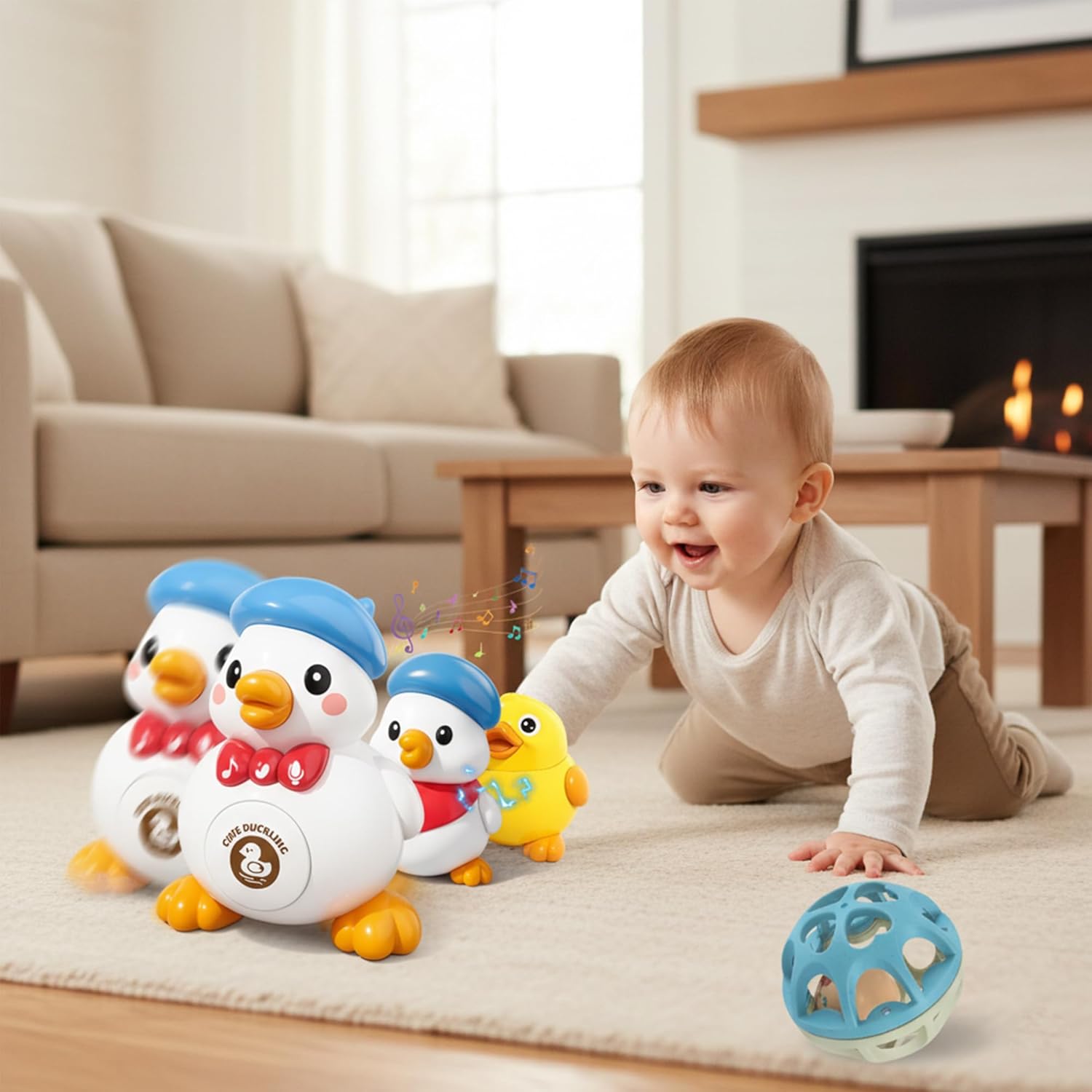 Baby Rattle Ball Montessori Teething Toy, Safe Wheat Straw Travel Toy Newborn Gift for Boys & Girls 3-12 Months + Musical Duck Tummy Time Toy for Toddlers, Christmas & Birthday Gifts for Babies