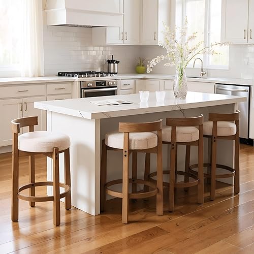 HEAH-YO Mid Century Modern Bar Stools Set of 4, 26.5" Counter Stools with Back, Linen Upholstered Barstools with Solid Wood Legs Bar Chairs for Kitchen Island Dining Room, Beige