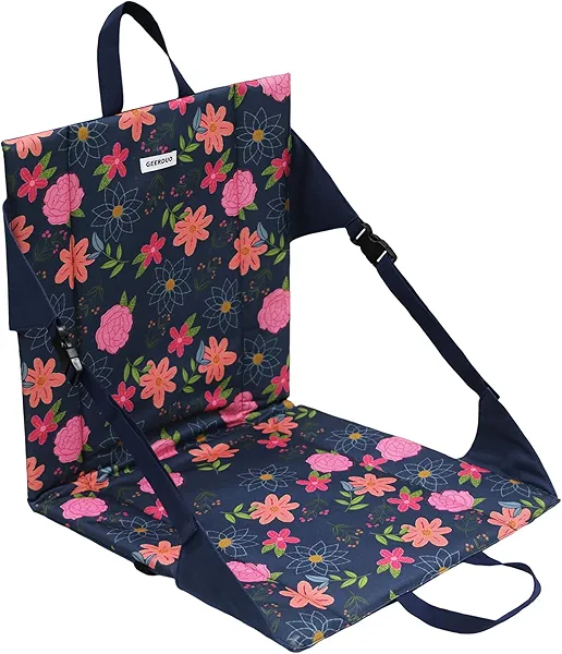 JLDTOP Portable Stadium Seat Cushion with Backrest Padded Seat Lightweight Folding Camping Chair Adjustable Straps for Hiking Concerts Sports Events Outdoor Activities (Blue Floral)