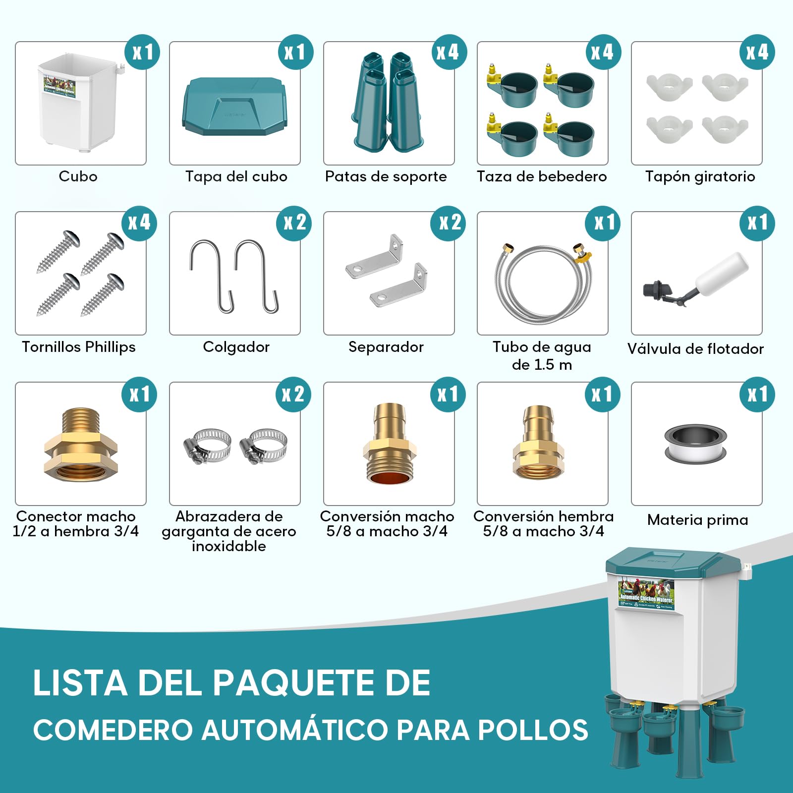 CHAMUTY - Alimentador de gallinas (7 litros, con pies), flotador filtrado, manguera de acero inoxidable de 1,5 m, bebedero dispensador de agua y gallina automática, alimentador de gallinas antidañinas