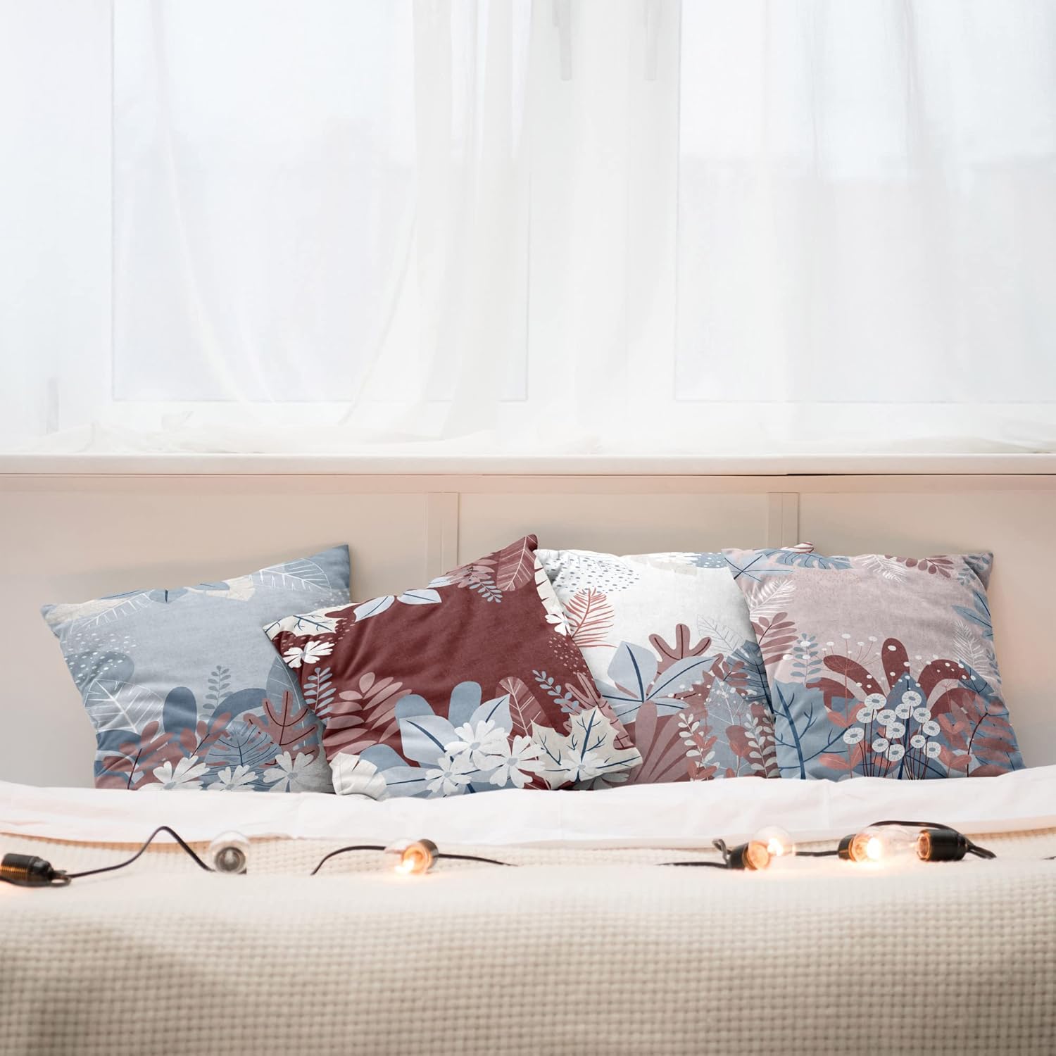 Ambesonne Botanic Throw Pillow Cushion Case Pack of 4, Autumn Foliage Big Exotic Leaves Daisy Flower Foliage of Forest Artwork, Modern Accent Double-Sided Digital Printing, 18", Burgundy Rose