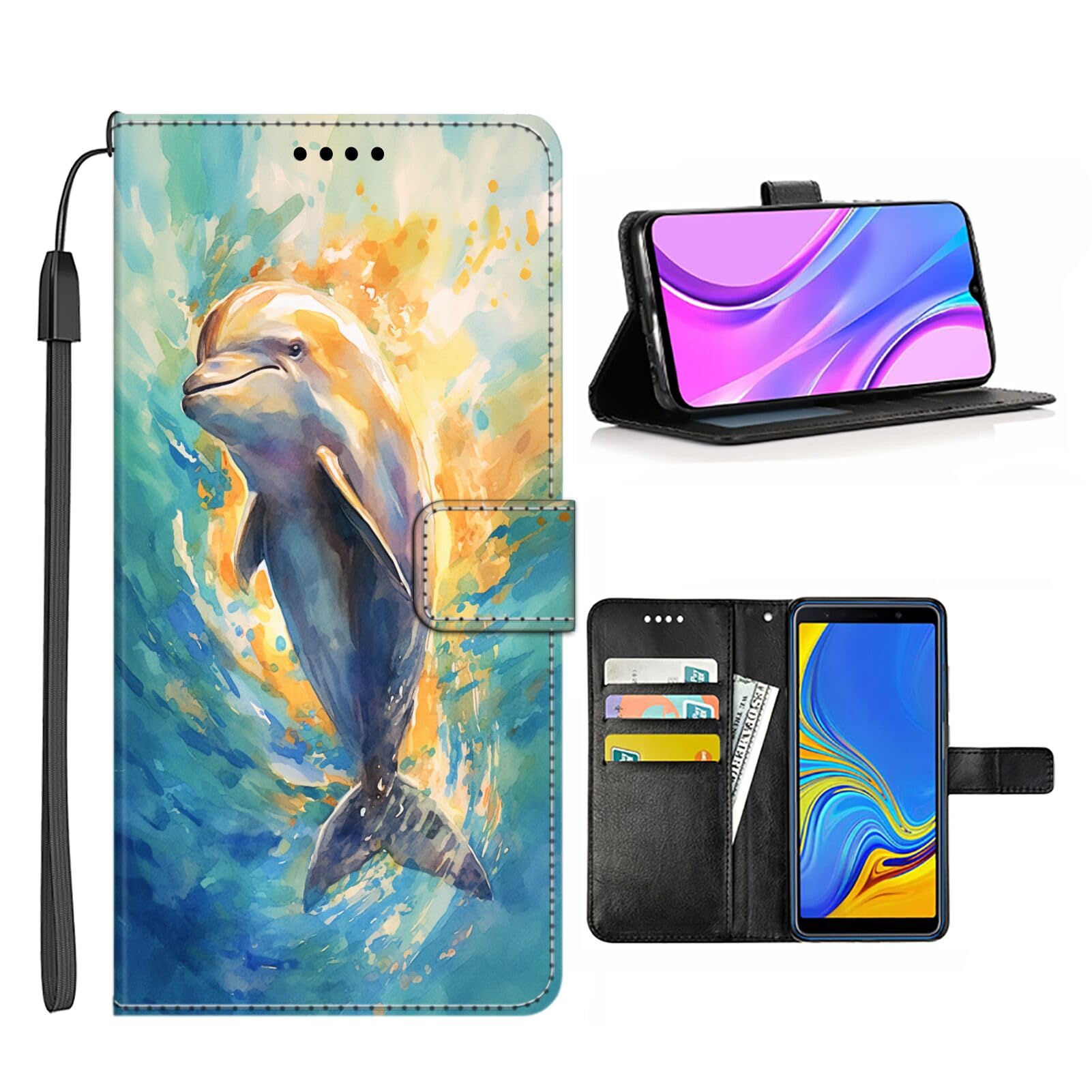 SHENCANG BLUE Wallet Case for iPhone X/Xs Case Dolphin-aa970 Flip Phone Case Folio Credit Cards Holder Wrist Strap PU Leather Kickstand Slots Flip Case with Magnetic Closure QBJ Case Multicolor