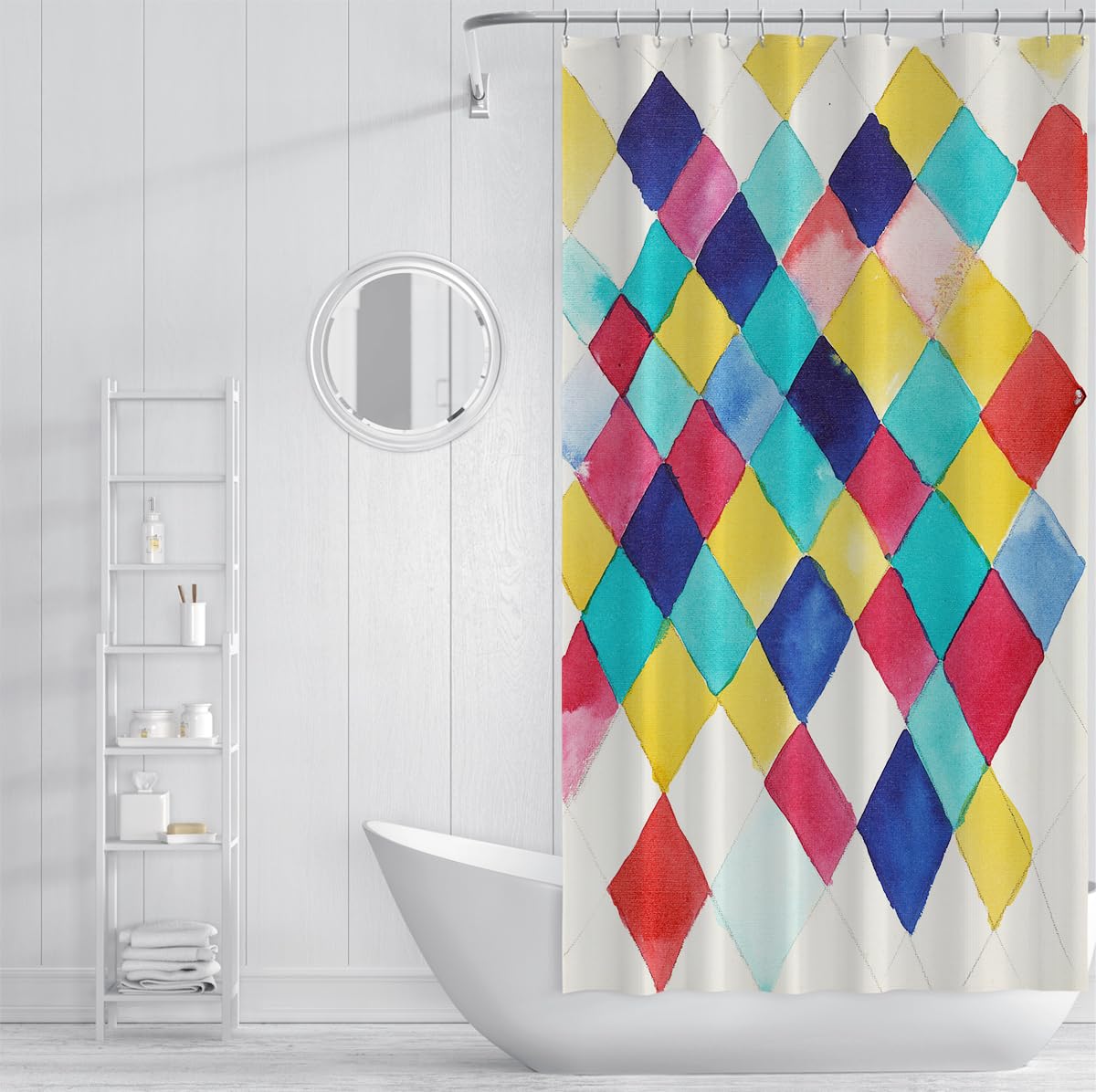 Mehrfarbiges Pink, Gelb-Blau-Mosaikgitter, Duschvorhang, Leuchtend regenbogenfarbene Karierte Duschvorhänge, waschbare Polyester-Badezimmerdekoration, wasserabweisend, schnell trocknend 200 x 240 cm