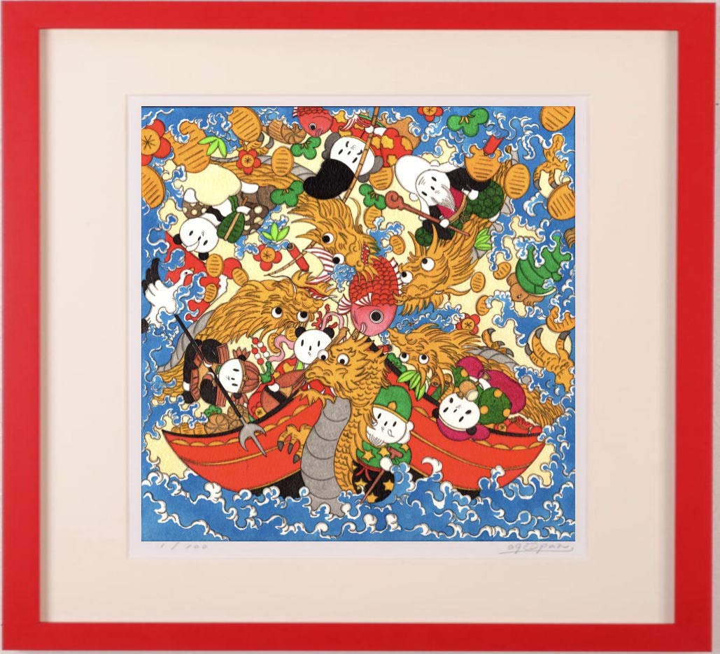 Amazon | あごぱん 「七福神と宝船・G」 現代アート 絵画 ポップアート 