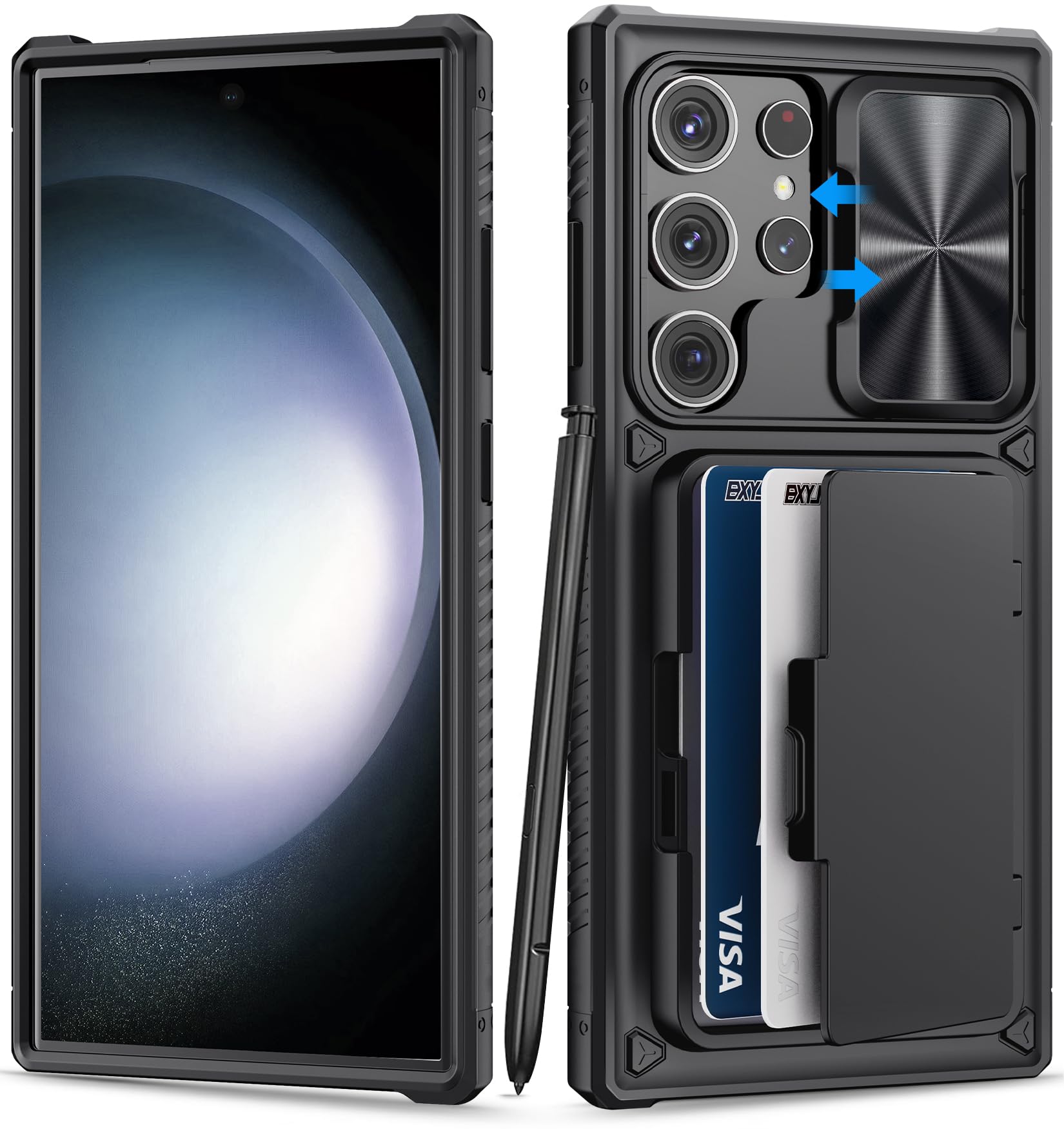 for Samsung Galaxy S23 Ultra Case with Card Holder & Kickstand & Slide Lens Window, Anti-Drop Shockproof Dustproof Wallet Phone Case Cover Compatible with Galaxy S23 Ultra 5g 2023, Black