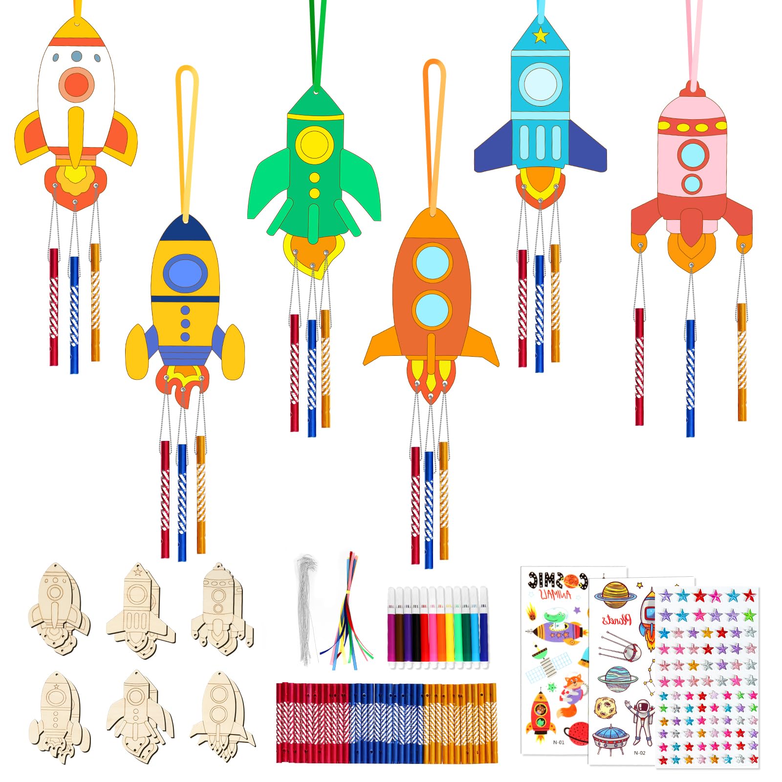 Kaluofan DIY Wooden Rocket Wind Chime Craft Set for Kids, 12 PCS Rocket Wind Chime Crafts, DIY Children's Birthday Crafts Wood for Painting, Space Craft Set Children's Birthday for Boys Girls Parties