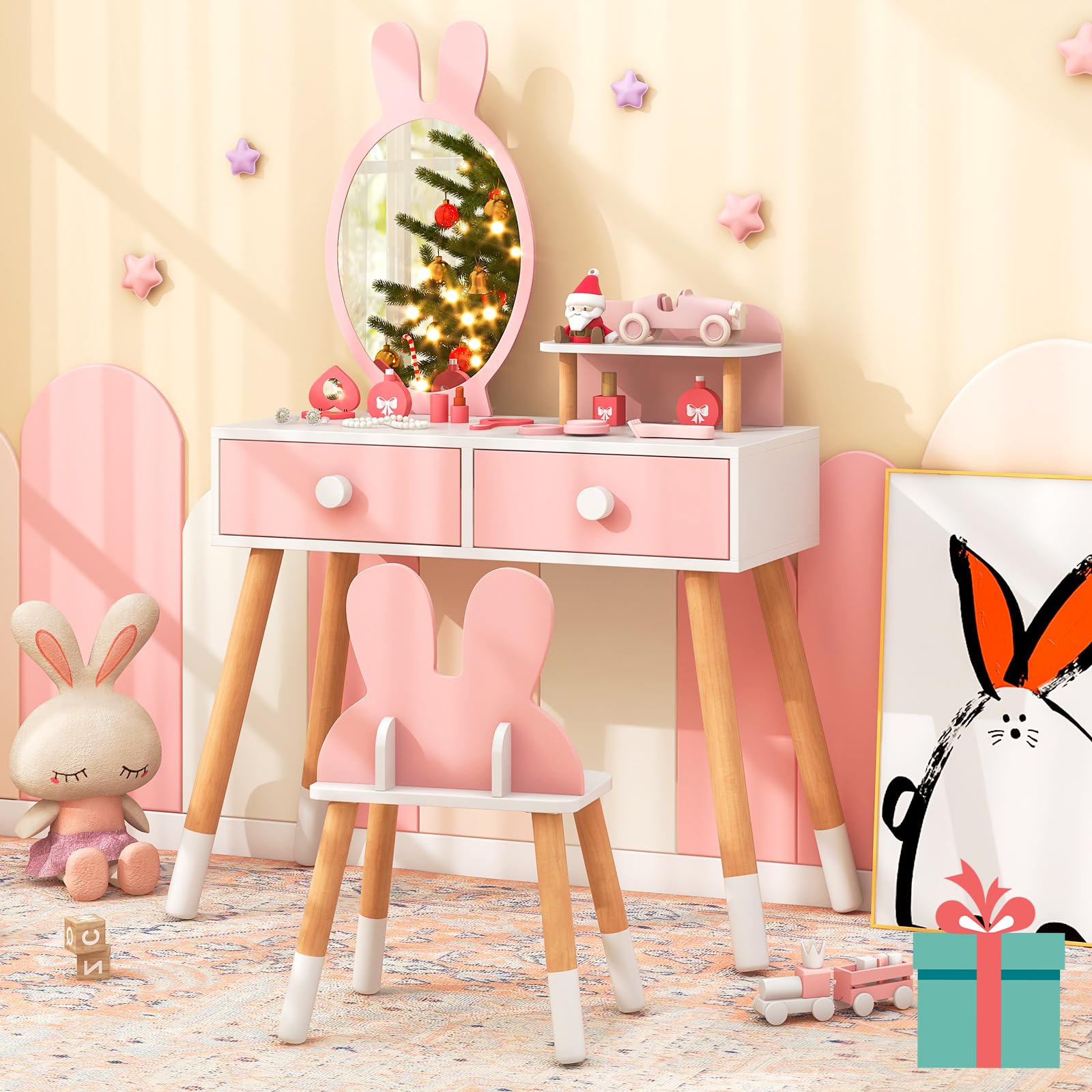 COSTWAY Tocador de Maquillaje de Princesa para Niña, Juego de Mesa y Silla, Escritorio Espejo 2 en 1 para, 2 Cajones y Estante, Juego de Tocador con Patas de Madera Maciza (Rosa)