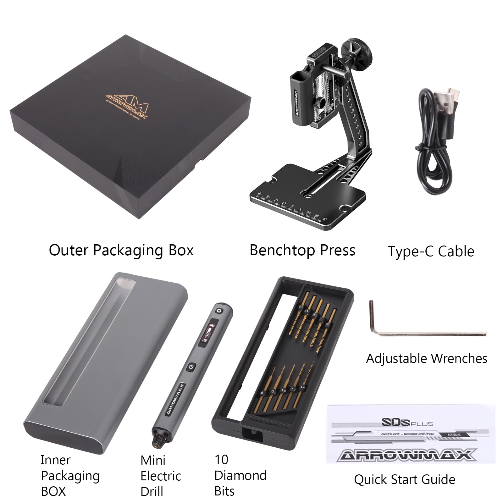 5-Gang-Elektro-Mini-Bohrstift mit Igel-Tischpresse, ARROWMAX 10 kleine Bohrer mit Aluminiumbox, OLED-Display, LED-Leuchten, 3/32 Zoll Schnellspannbohrfutter (SDS ULTRA PlUS)