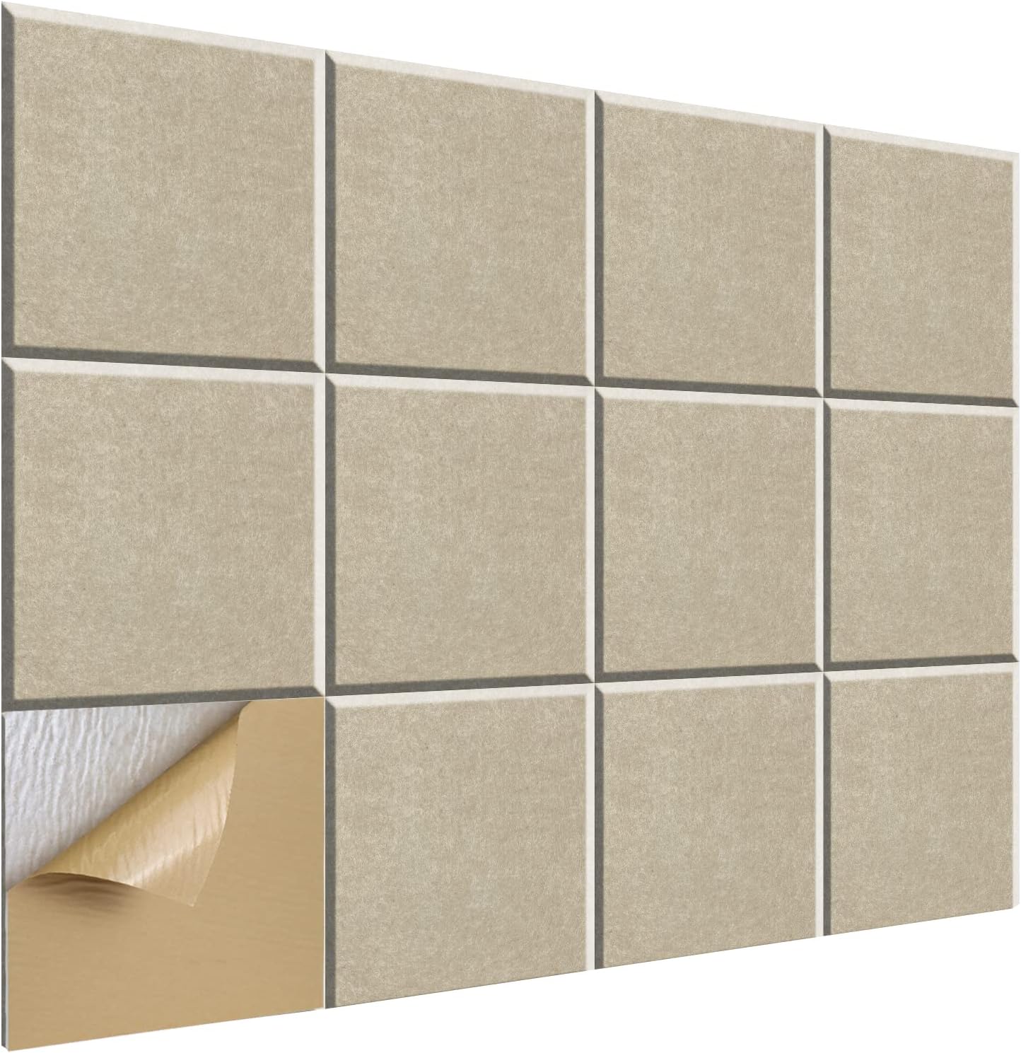 SHJADE Square Acoustic Panels Self-Adhesive, 12 Pack 12" X 12" X 0.4" Sound Absorbing Panels, High Density Soundproofing Wedge Tiles(Camel)