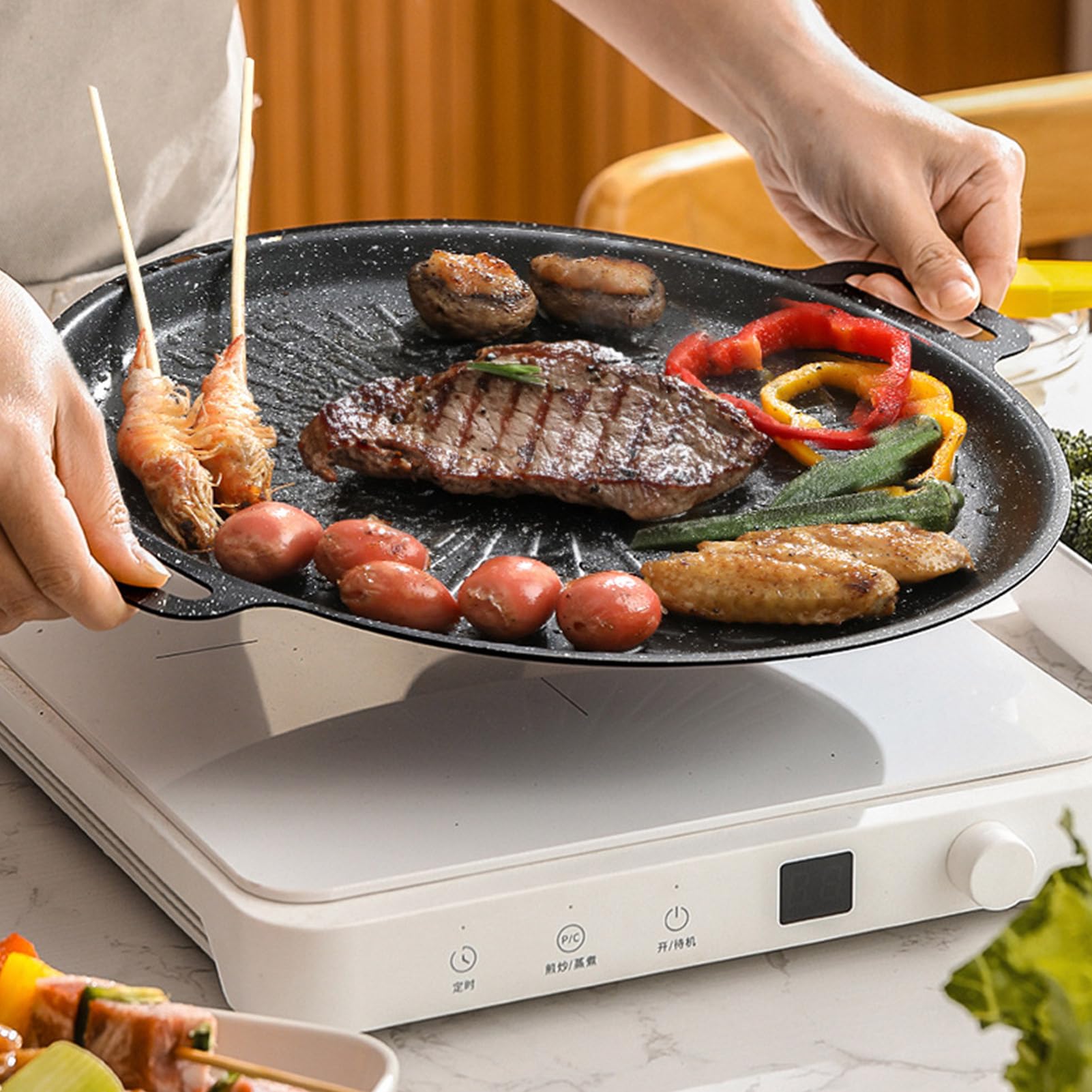 Kohlenstoffstahl Grillplatte Geriffelt,Kohlenstoffstahl Voreingebrannt Zum Braten,Grillplatte Gasgrill Und Holzkohlegrill Geeignet,Grillpfanne Groß,Kohlenstoffstahlpfanne Und Bratpfanne,Ø:30cm