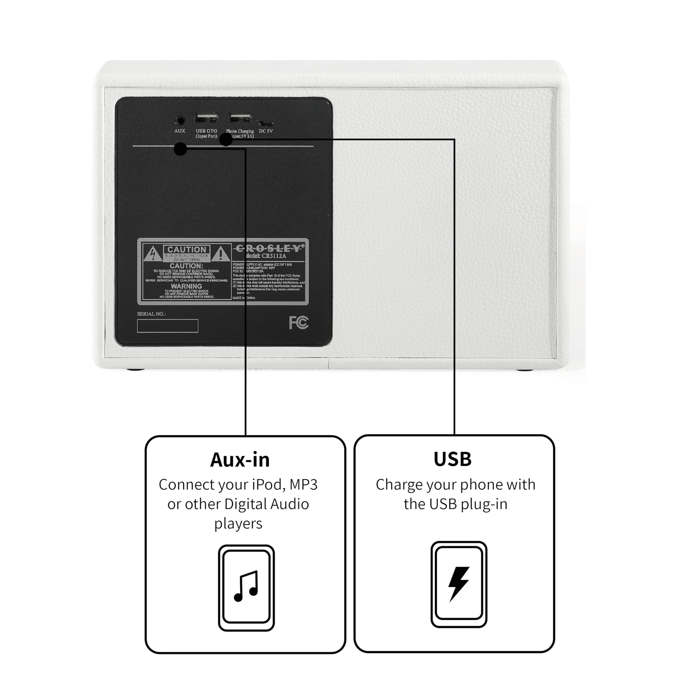 Crosley Montero Retro - Altavoz Bluetooth - Altavoz inalámbrico portátil, 20 W, Tiempo de reproducción de 8 Horas, Cargador USB, Color Blanco