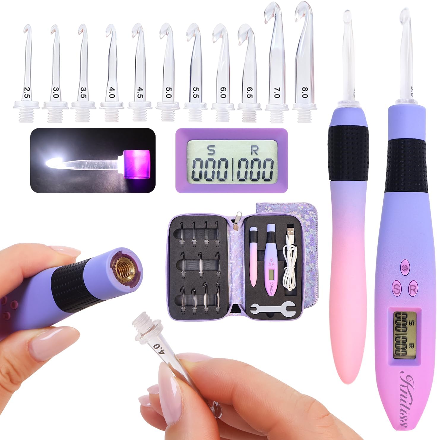 Knitiss Light up Crochet Hooks Set, 11 Sizes Screw-Lock Interchangeable Crochet Needles Set 2.5-8.0mm, Ergonomic Crochet Hooks with Light and Counter, USB Rechargeable Crochet Gifts for Crochet Lovers