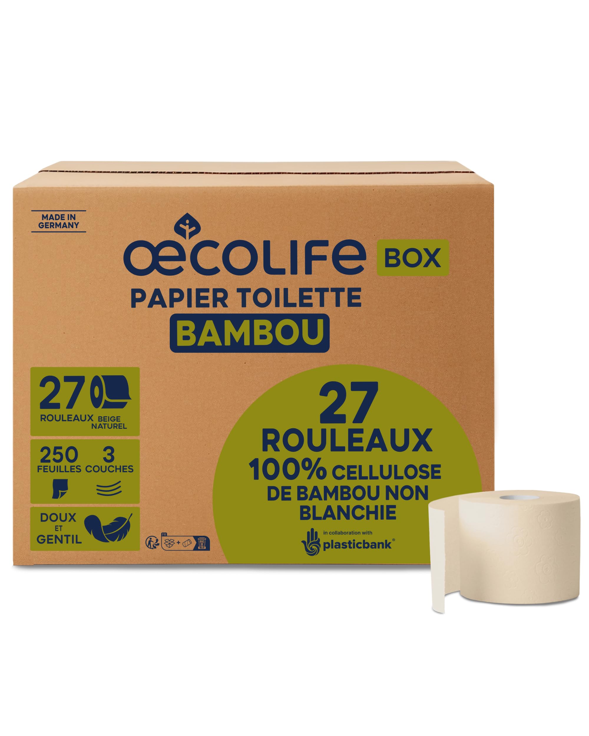 œcolife papier toilette bambou, 3 couches, 27 rouleaux x 250 feuilles, emballage en vrac, super doux, sans plastique, papier hygiénique, végétalien, papier toilette durable