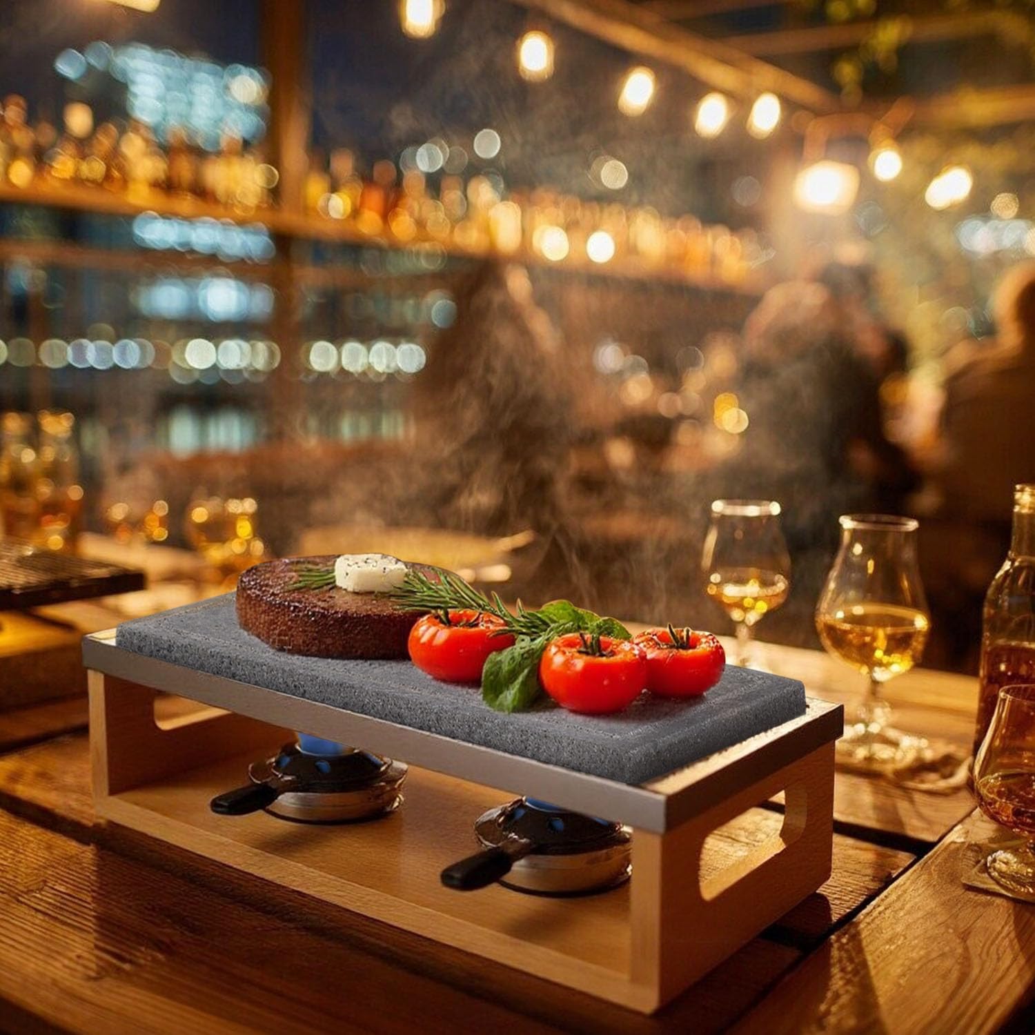 Lava Rocks Extra-Large Lava Steak Stone Grill Set With Bamboo Base