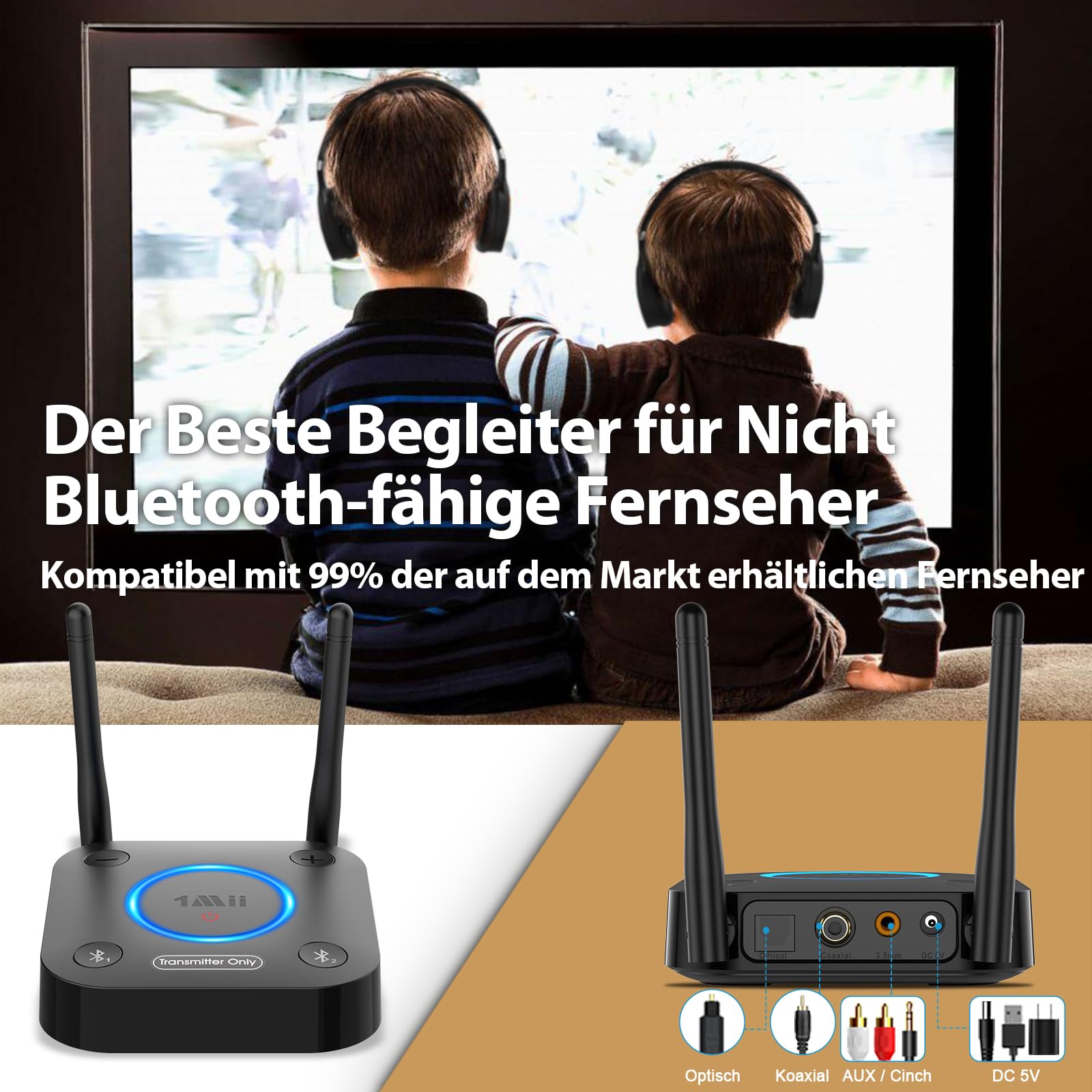 1Mii B06TX Bluetooth 5.3 Transmitter für TV mit aptX HD & Low Latency, Großer Reichweite Audio Adapter für 2 Kopfhörer oder Lautsprecher, 3,5mm AUX/Optischer/Koaxialer Ausgang, Lautstärkeregelung