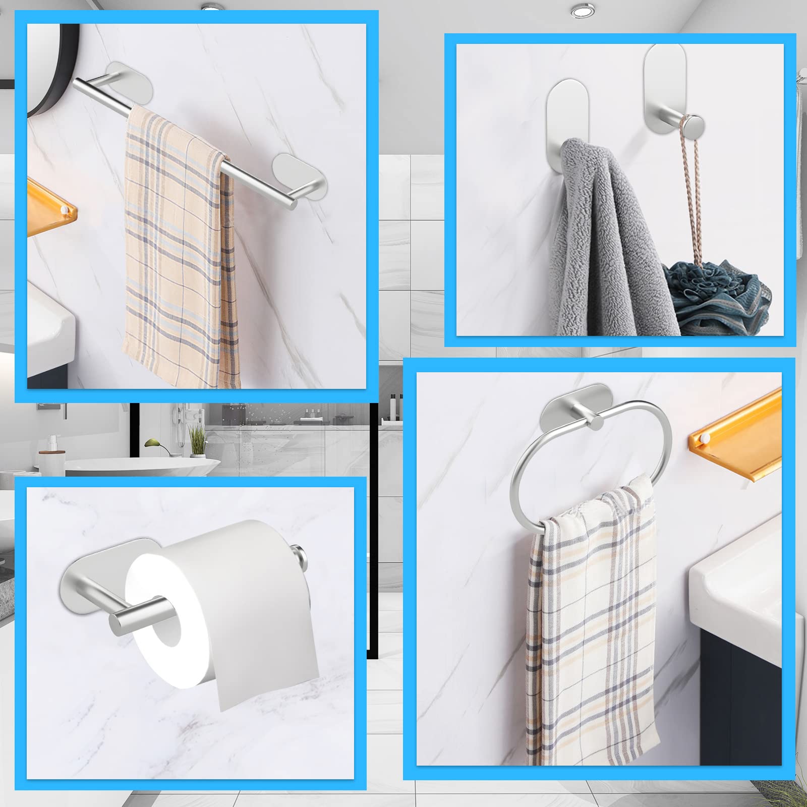 Juego de Accesorios de baño de 5 Piezas - Toalleros de Baño Anillo de Toalla Portarrollos para Papel Higién (Plata)