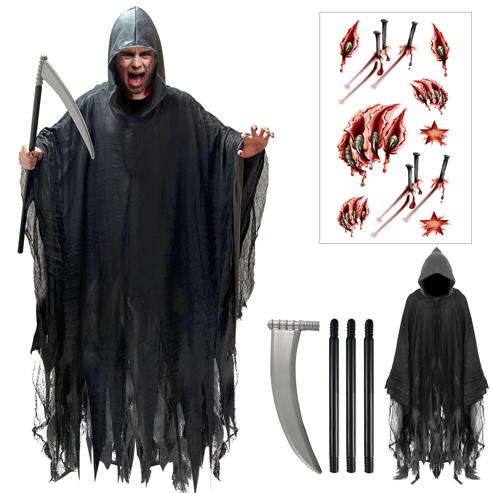 Disfraz Halloween mujer hombre, Disfraz Vampiro Parca, Capa Halloween Adulto Con Tatuajes Cicatrices Scythe Para Bruja Diablo Monje Demonio Reaper Sacerdote Fiesta Carnaval Cosplay Costume Terror