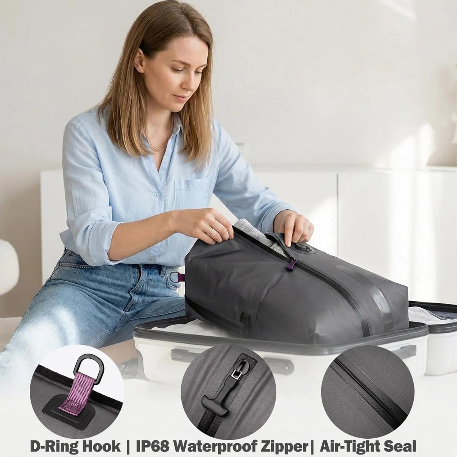 Bolsas De Compresión Al Vacío Un Solo Toque, Sin Bomba | impermeable, Ahorrador de espacio, Recargable por USB-C, bolsas de almacenamiento para viajes, Maleta de mano y mochila