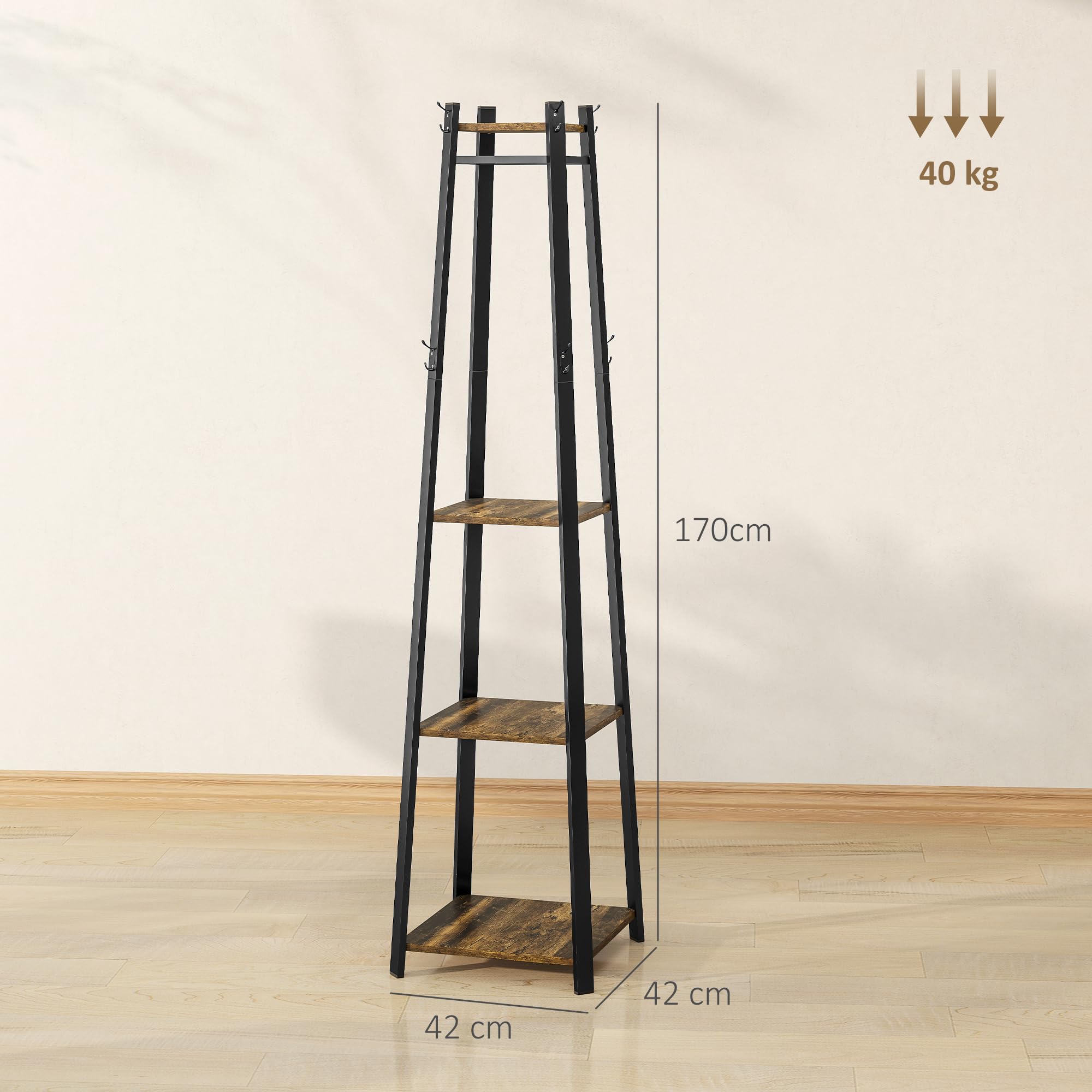 HOMCOM Appendiabiti da Terra con 8 Ganci, 3 Ripiani e Mensola Superiore, Attaccapanni Design a Trapezio per Ingresso, Camera da Letto e Salotto, 42x42x170 cm, Marrone Rustico