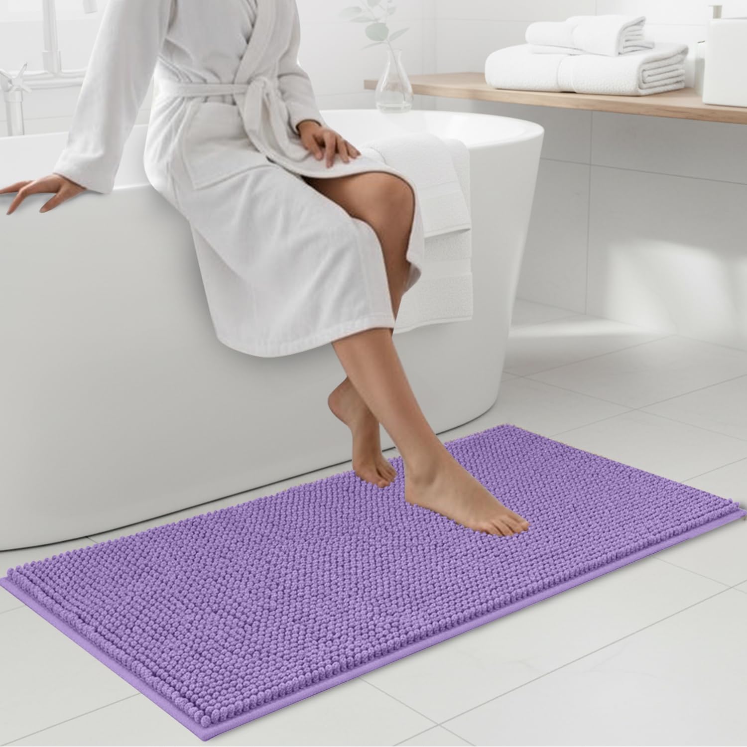Hafaa Bath Mat Non Slip Anti Mould – Lilac Chenille Bathroom Mat 60 x 90 cm Machine Washable Bath mats Super Absorbent Extra Soft Fluffy Shower mat