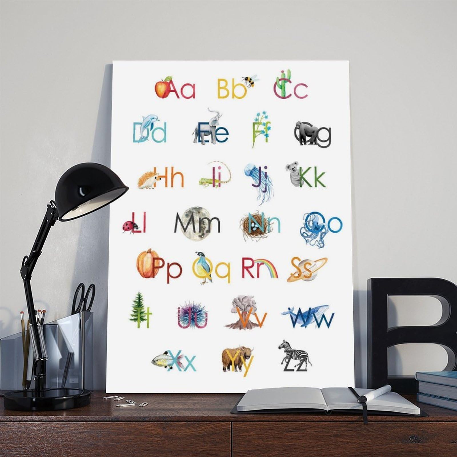 Poster éducatif sur toile avec lettres de l'alphabet naturel pour chambre d'enfant - Décoration murale pour salon, chambre à coucher - 40 x 60 cm